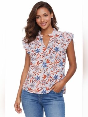 Sam Edelman Floral Ruffle Cap-Sleeve Blouse in White, Blue  Rust Summer Boho Lrg